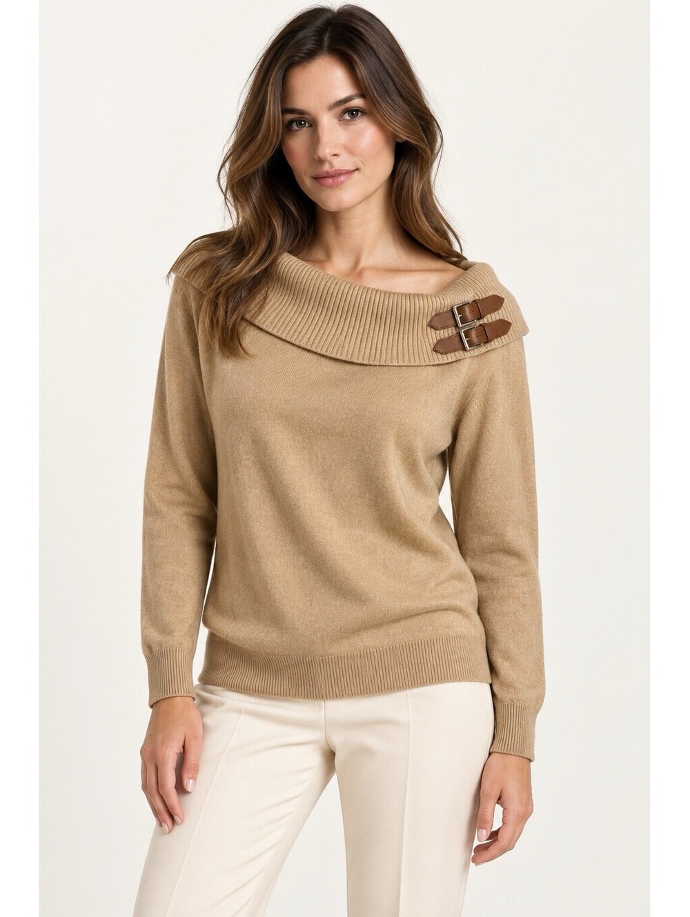Ralph Lauren Women L Camel Cashmere Blend Buckle Cowl Neck Sweater